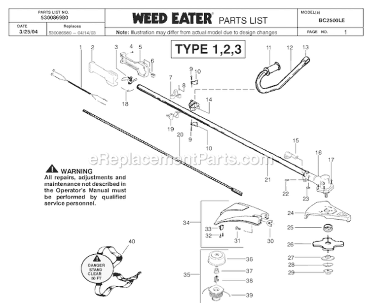 Page A Diagram and Parts List for BC2500LE Type 2 Weed Eater Trimmer